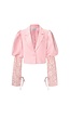 Lichtroze Korte Blazer met Kanten Mouwen en Pofmouwen