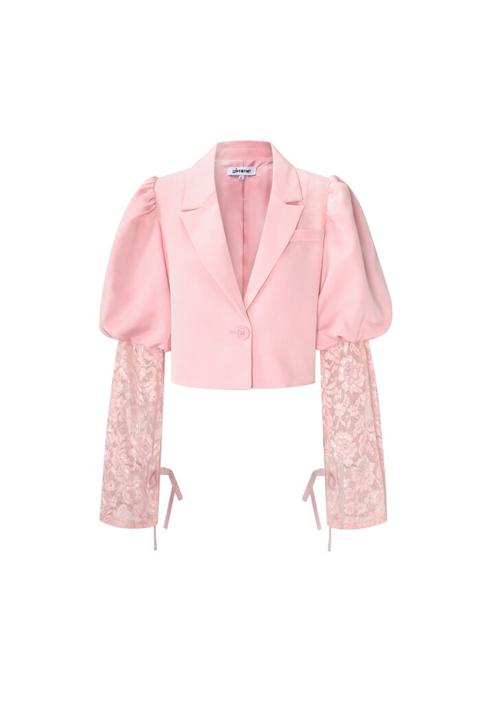 Lichtroze Korte Blazer met Kanten Mouwen en Pofmouwen