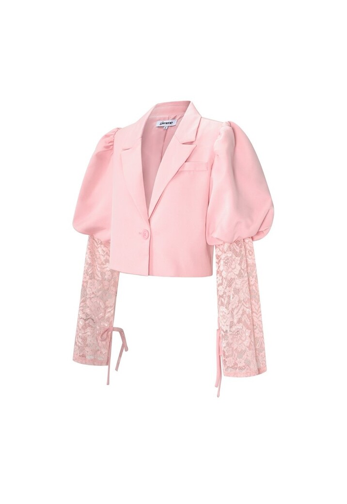 Lichtroze Korte Blazer met Kanten Mouwen en Pofmouwen