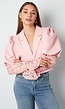 Lichtroze Korte Blazer met Kanten Mouwen en Pofmouwen