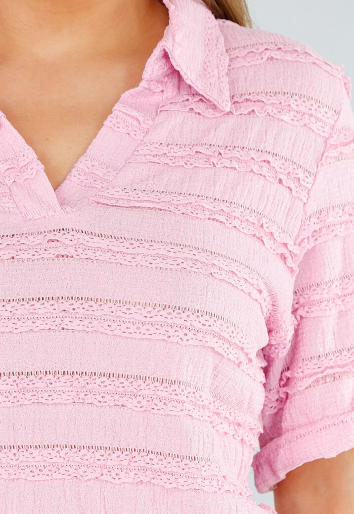 Roze Set met Kraagshirt en Gelaagde Rucheshort Dames