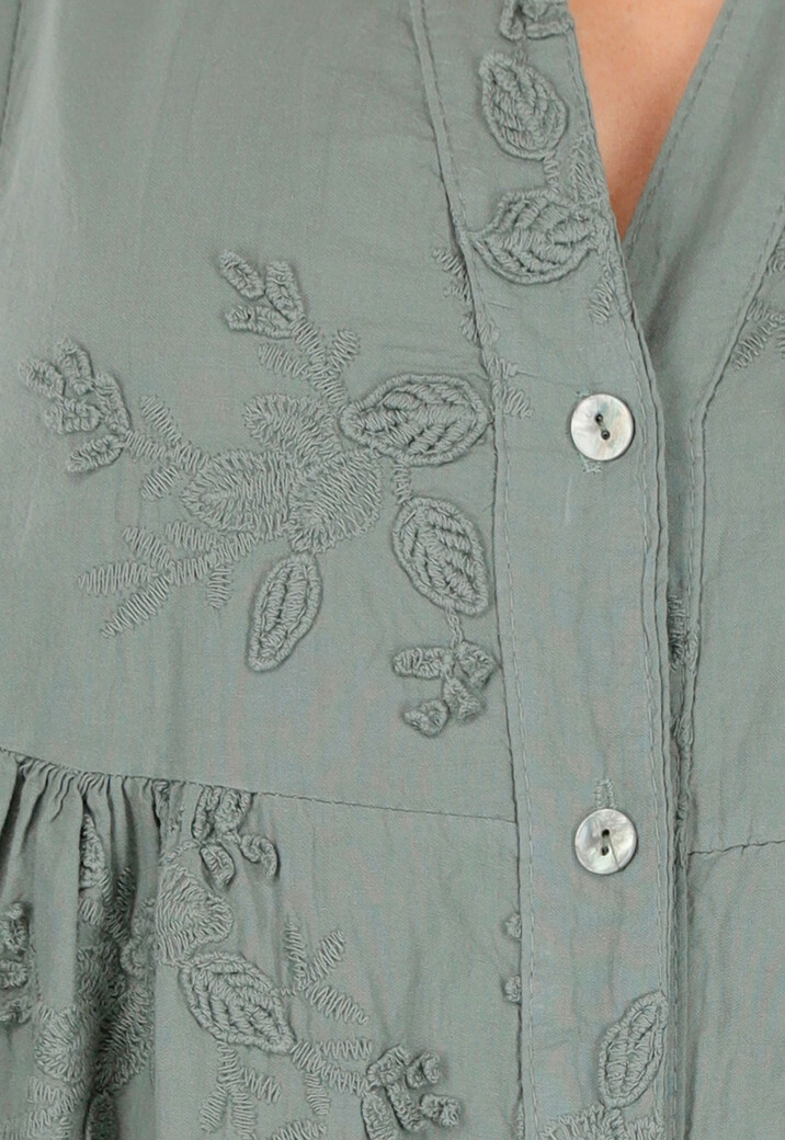 Khaki Katoenen Jurk met Borduursels, Knopen en Halflange Mouwen