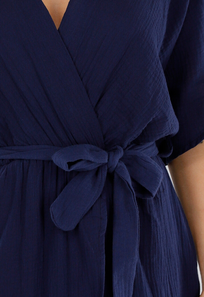 Donkerblauwe Linnenlook Jurk met Ceintuur en Overslag V-Hals