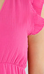 Fuchsia Linnenlook Midi Jurk met Ruches en V-Hals