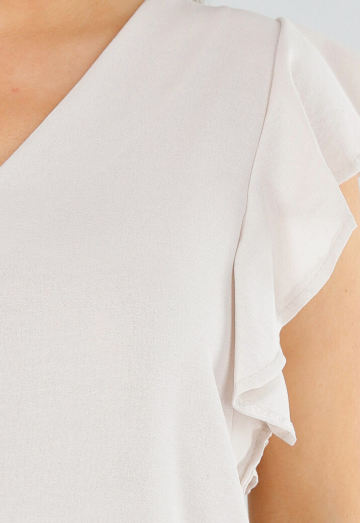 Beige Top met V-Hals en Gelaagde Ruchemouwen