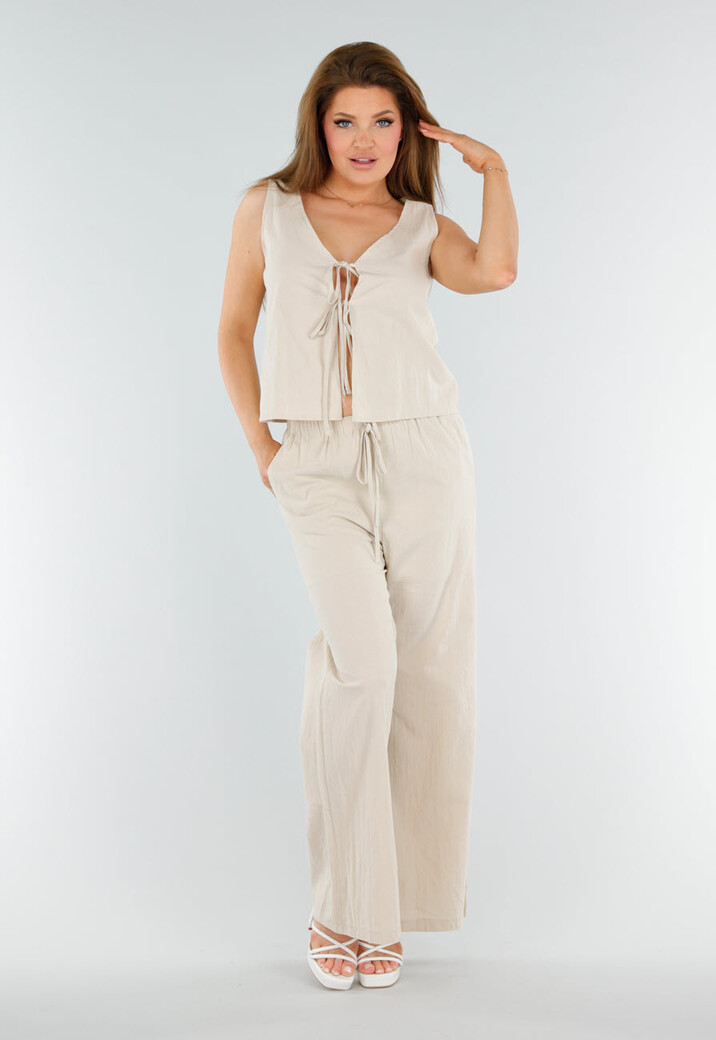 Beige 2-Piece Set met Wijde Broek en Striksluitingen