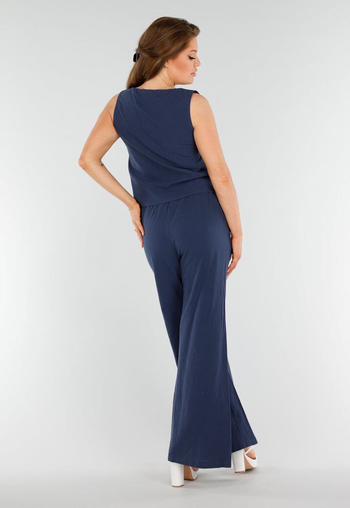 Donkerblauwe 2-Piece Set Met Wijde Broek en Strikdetails