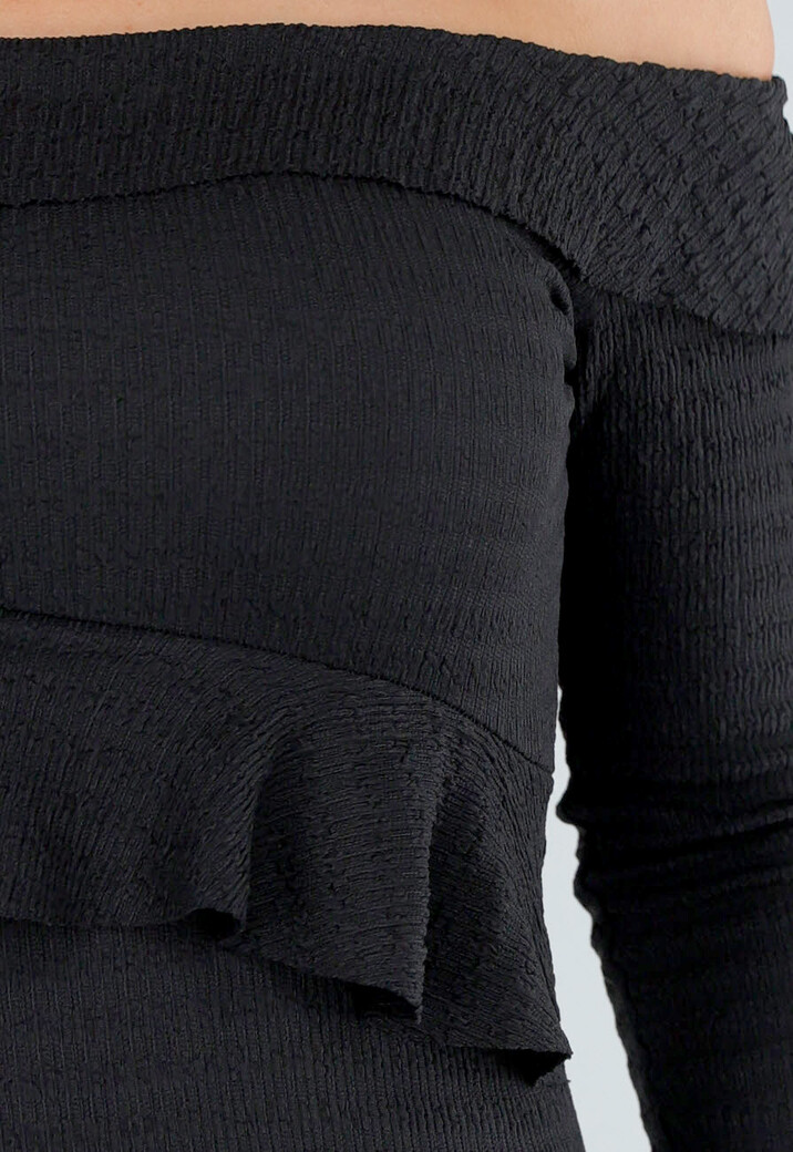 Zwarte Off-Shoulder Jurk Met Volants en Lange Mouwen