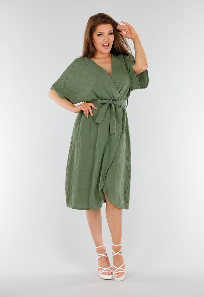 Khaki Linnenlook Overslagjurk met Ceintuur en Korte Kimonomouwen