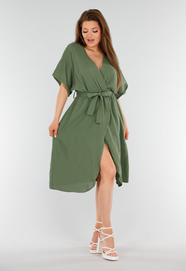 Khaki Linnenlook Overslagjurk met Ceintuur en Korte Kimonomouwen