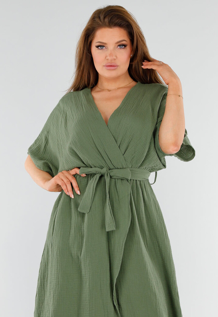 Khaki Linnenlook Overslagjurk met Ceintuur en Korte Kimonomouwen