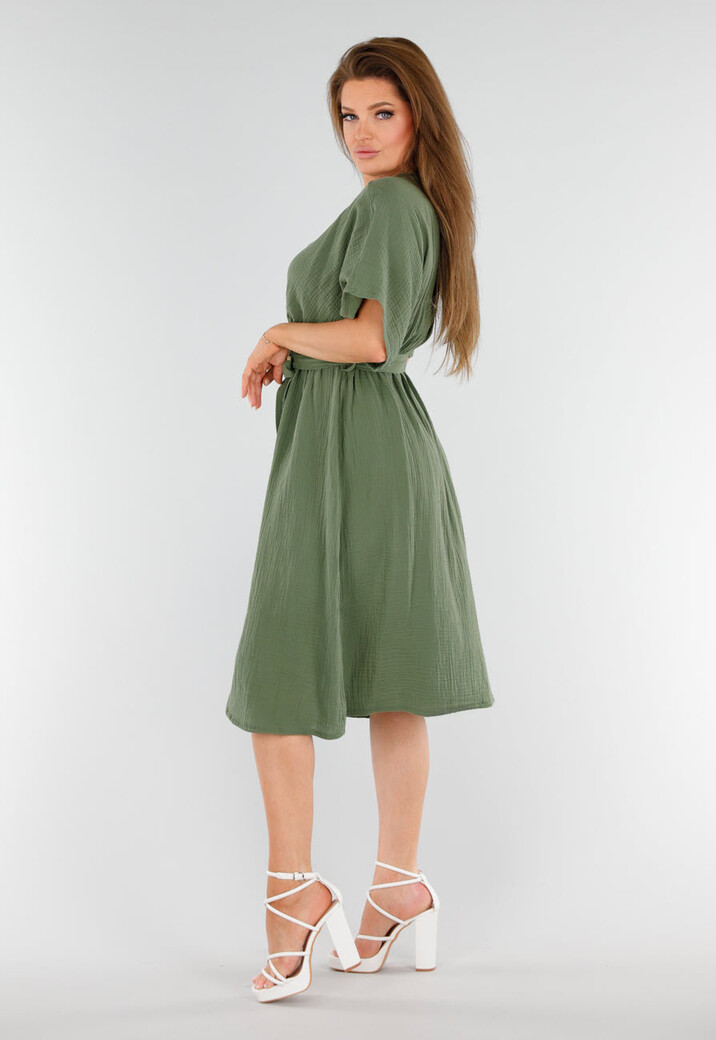 Khaki Linnenlook Overslagjurk met Ceintuur en Korte Kimonomouwen