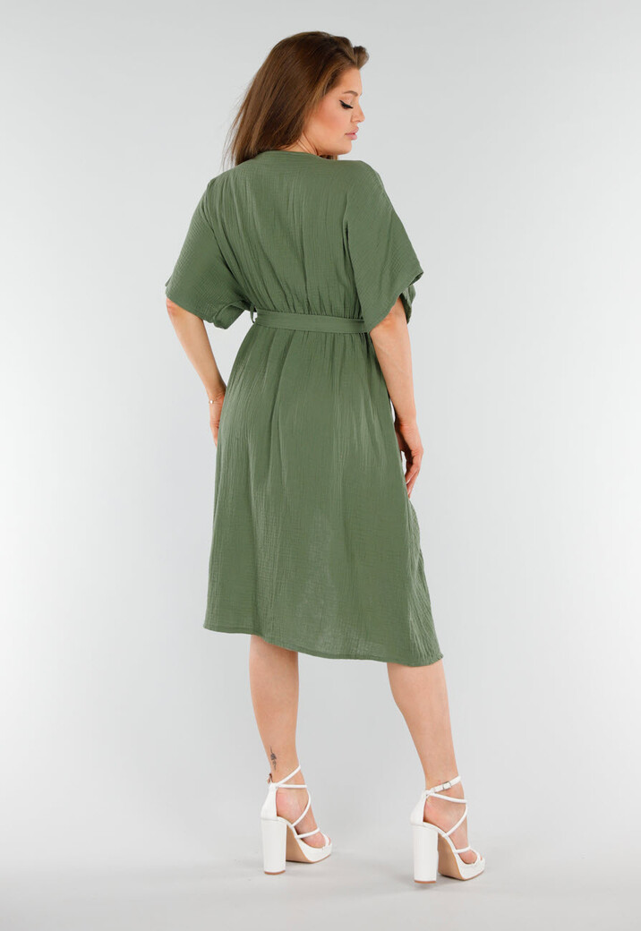 Khaki Linnenlook Overslagjurk met Ceintuur en Korte Kimonomouwen