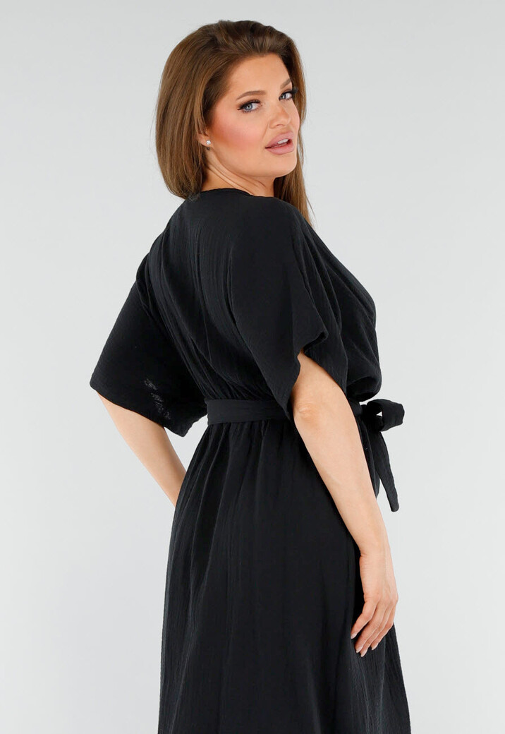 Zwarte Linnenlook Overslagjurk met Ceintuur en Korte Kimonomouwen