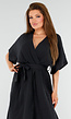 Zwarte Linnenlook Overslagjurk met Ceintuur en Korte Kimonomouwen