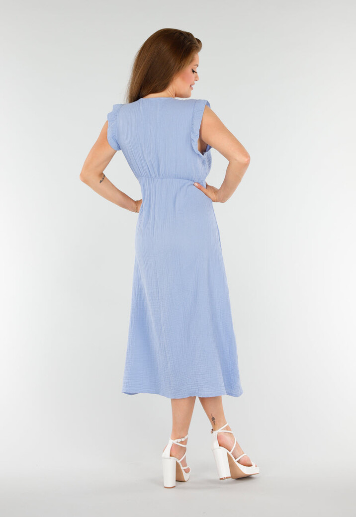 Lichtblauwe Katoenen Midi Jurk met V-Hals en Ruchemouwen