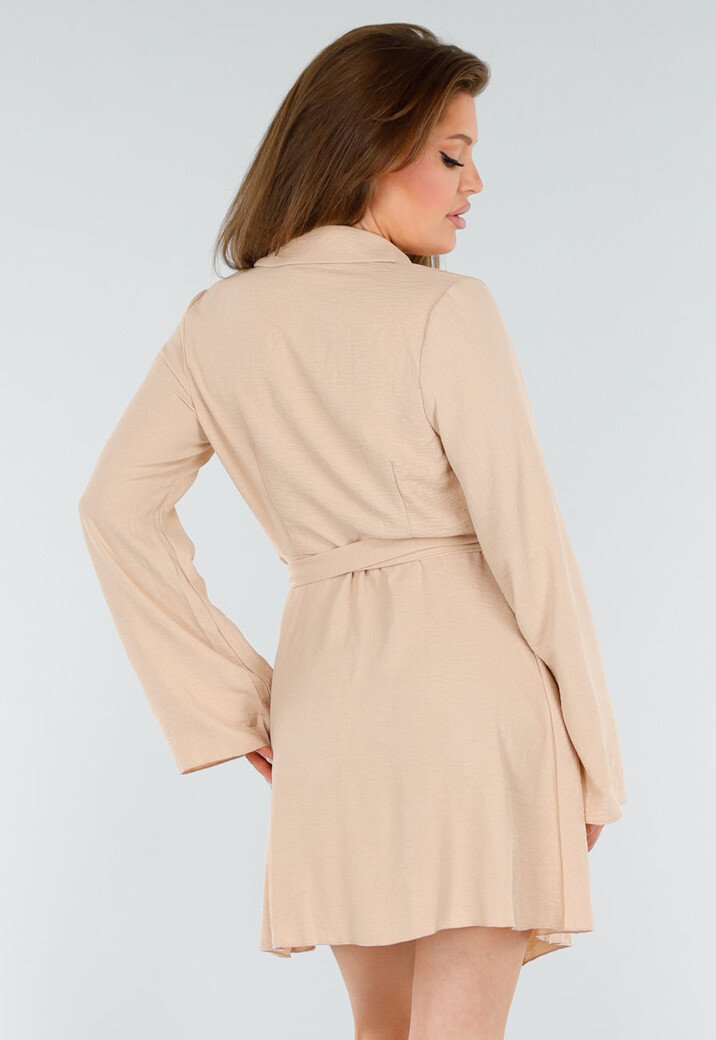 Beige Wikkeljurk Met Lange Mouwen en Linnenlook