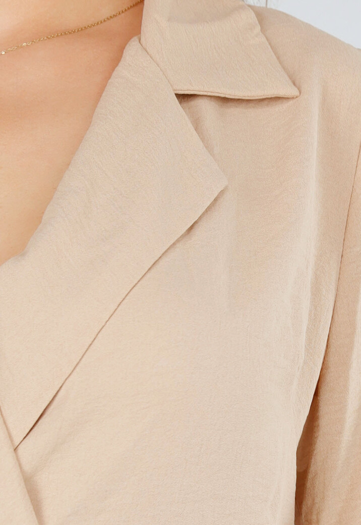 Beige Wikkeljurk Met Lange Mouwen en Linnenlook