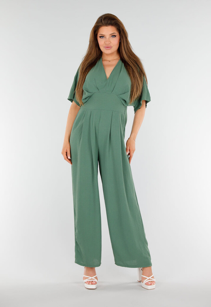 Groene Wijde Jumpsuit met V-Hals en Striksluiting op de Rug