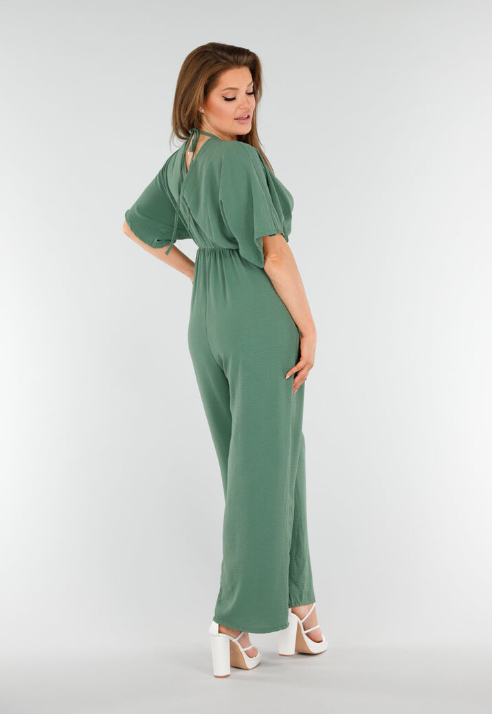 Groene Wijde Jumpsuit met V-Hals en Striksluiting op de Rug
