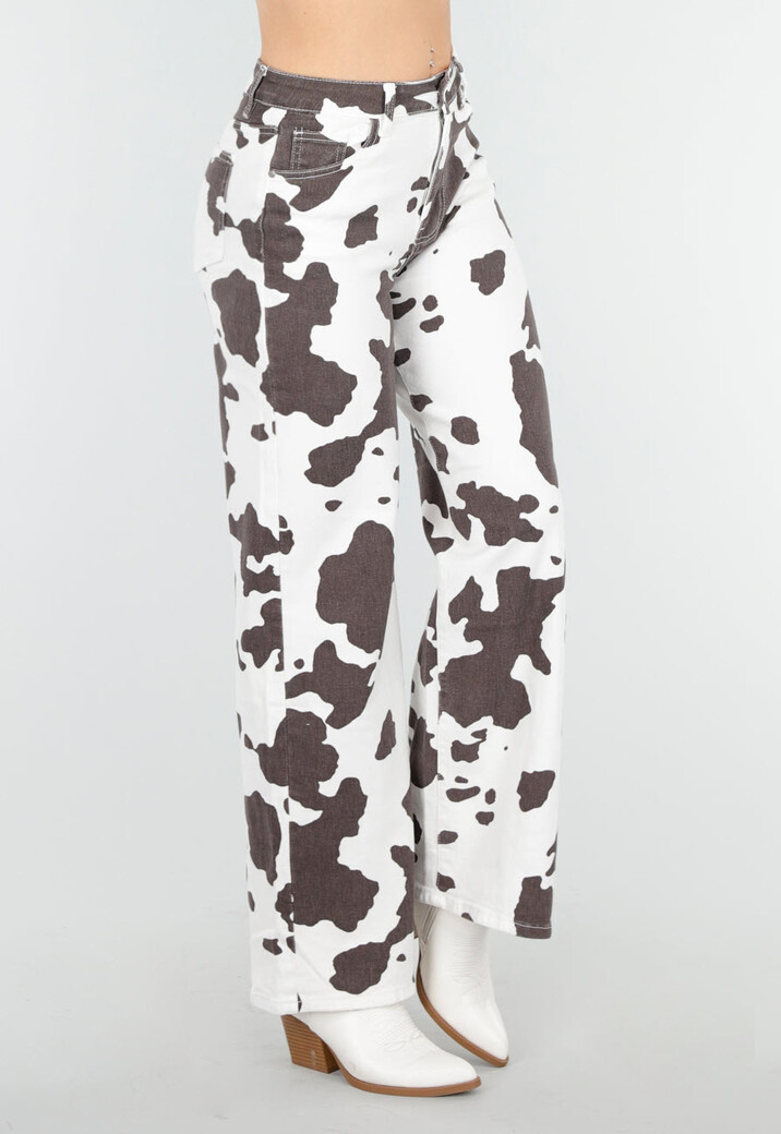Wit-Bruine Koeienprint Jeans met Rechte Pijpen en High Waist