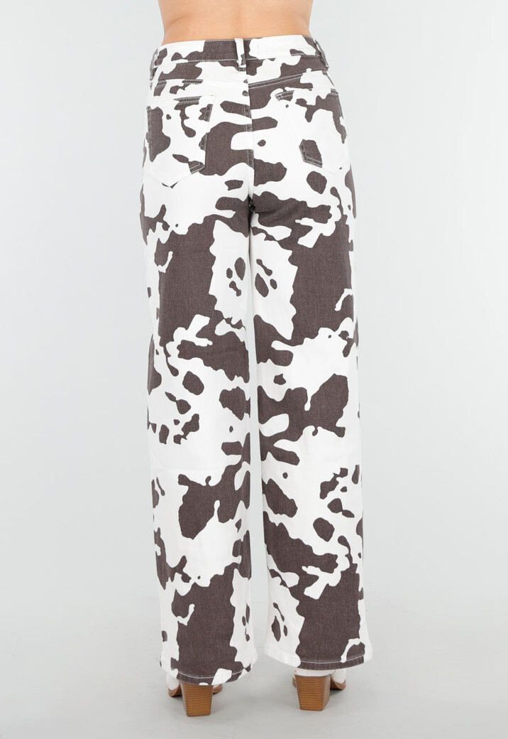 Wit-Bruine Koeienprint Jeans met Rechte Pijpen en High Waist