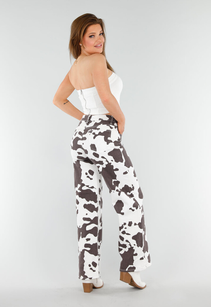 Wit-Bruine Koeienprint Jeans met Rechte Pijpen en High Waist