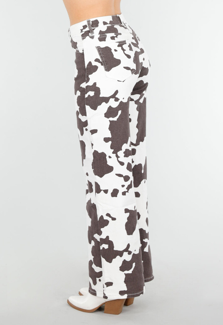Wit-Bruine Koeienprint Jeans met Rechte Pijpen en High Waist