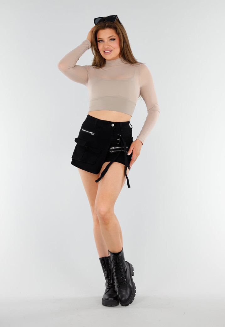 Beige Mesh Sporttop met Ingewerkte BH en Lange Mouwen