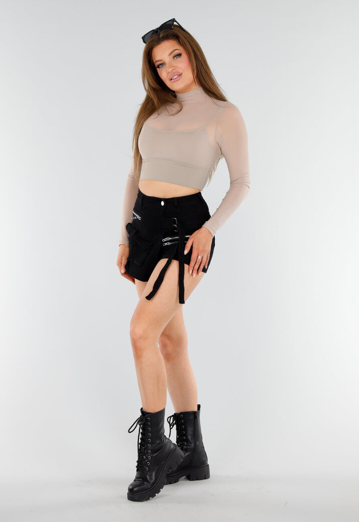 Beige Mesh Sporttop met Ingewerkte BH en Lange Mouwen