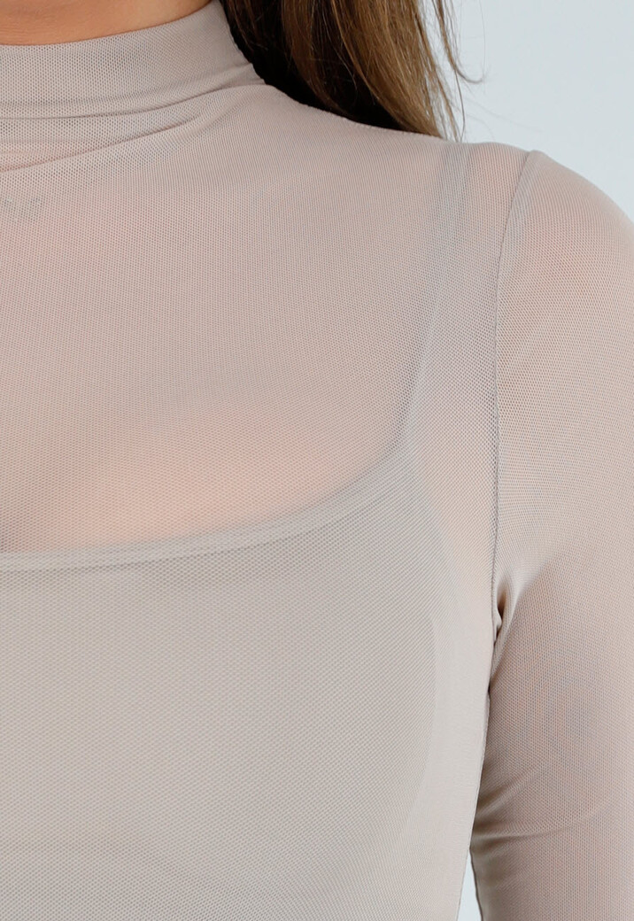 Beige Mesh Sporttop met Ingewerkte BH en Lange Mouwen