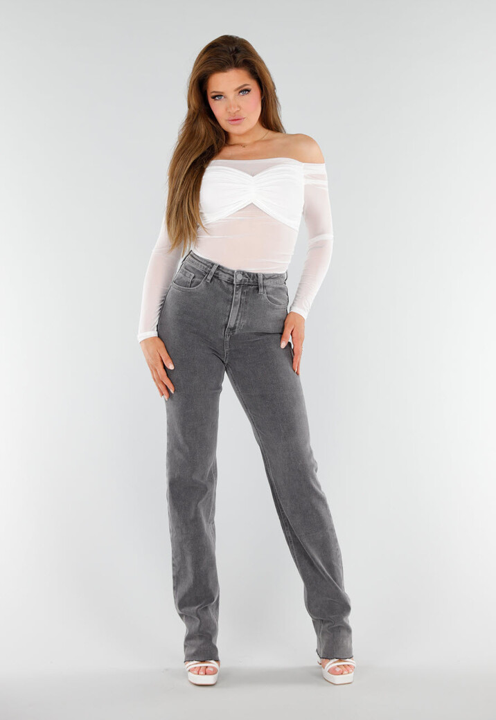 Stretch Off-Shoulder Top in Wit met Meshlook