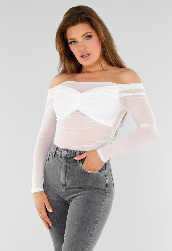 Stretch Off-Shoulder Top in Wit met Meshlook