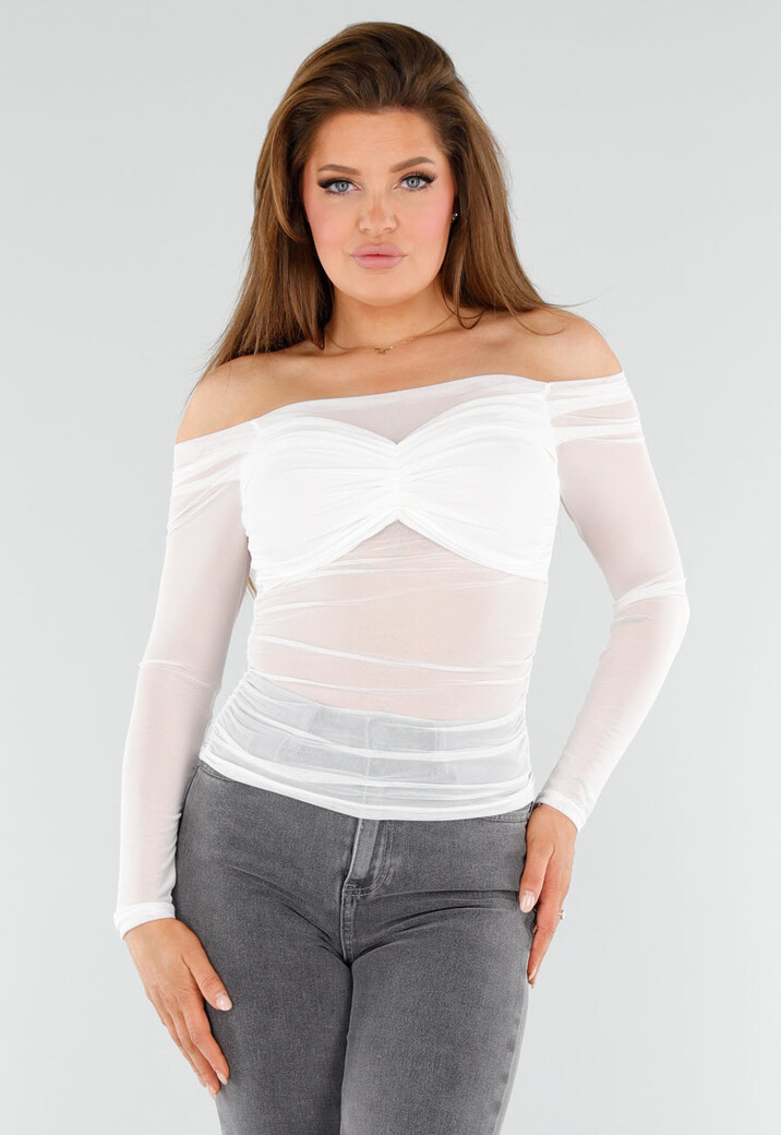 Stretch Off-Shoulder Top in Wit met Meshlook