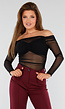 Zwarte Off-Shoulder Mesh Top met Lange Mouwen en Plooien