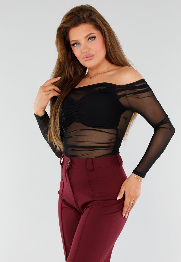 Zwarte Off-Shoulder Mesh Top met Lange Mouwen en Plooien