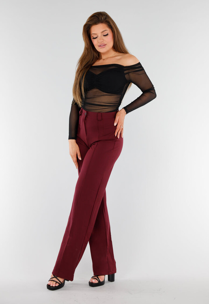 Zwarte Off-Shoulder Mesh Top met Lange Mouwen en Plooien