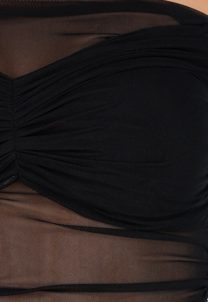 Zwarte Off-Shoulder Mesh Top met Lange Mouwen en Plooien