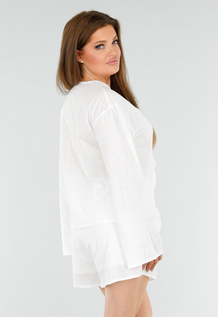 Witte Linnenlook 2-Piece Met Striksluiting En Lange Mouwen