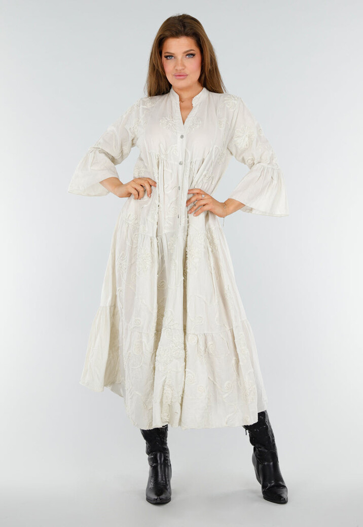 Beige Maxi-Jurk met Borduursels en Trompetmouwen in Linnenlook