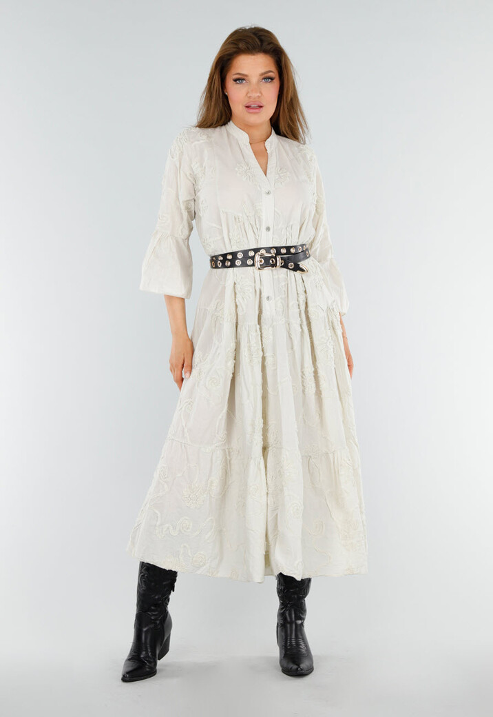 Beige Maxi-Jurk met Borduursels en Trompetmouwen in Linnenlook