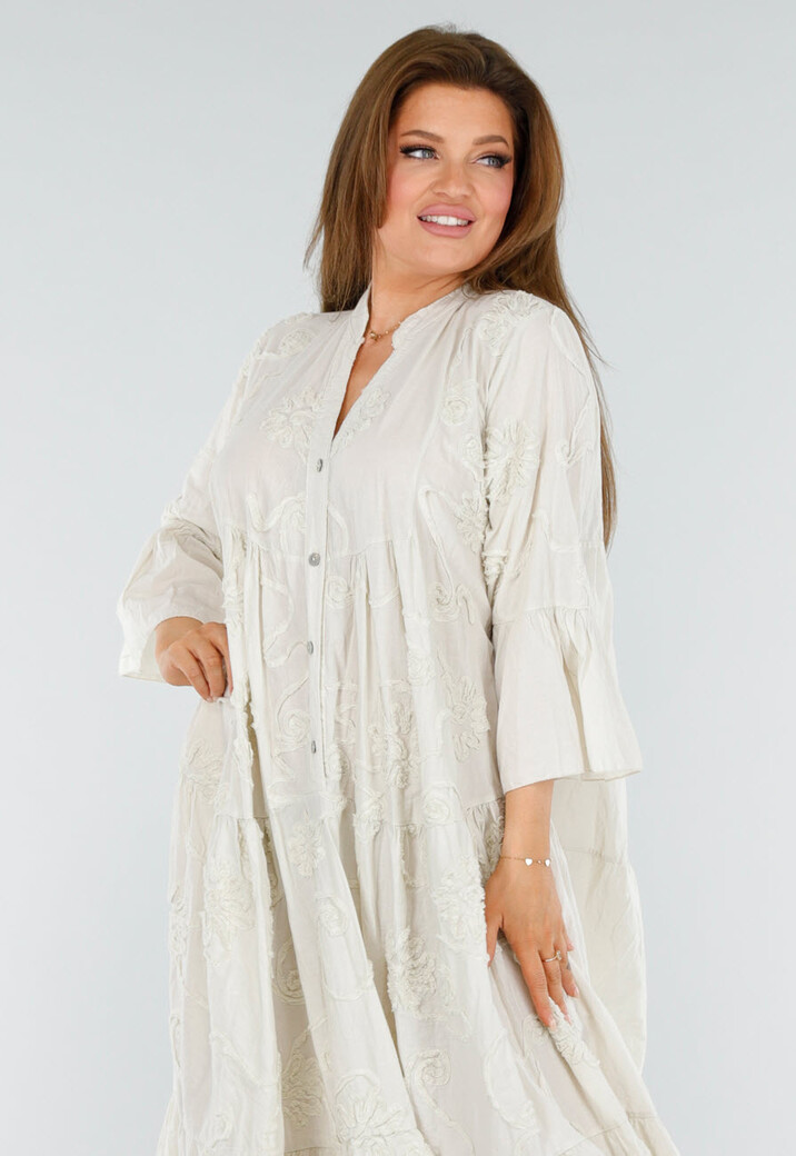 Beige Maxi-Jurk met Borduursels en Trompetmouwen in Linnenlook