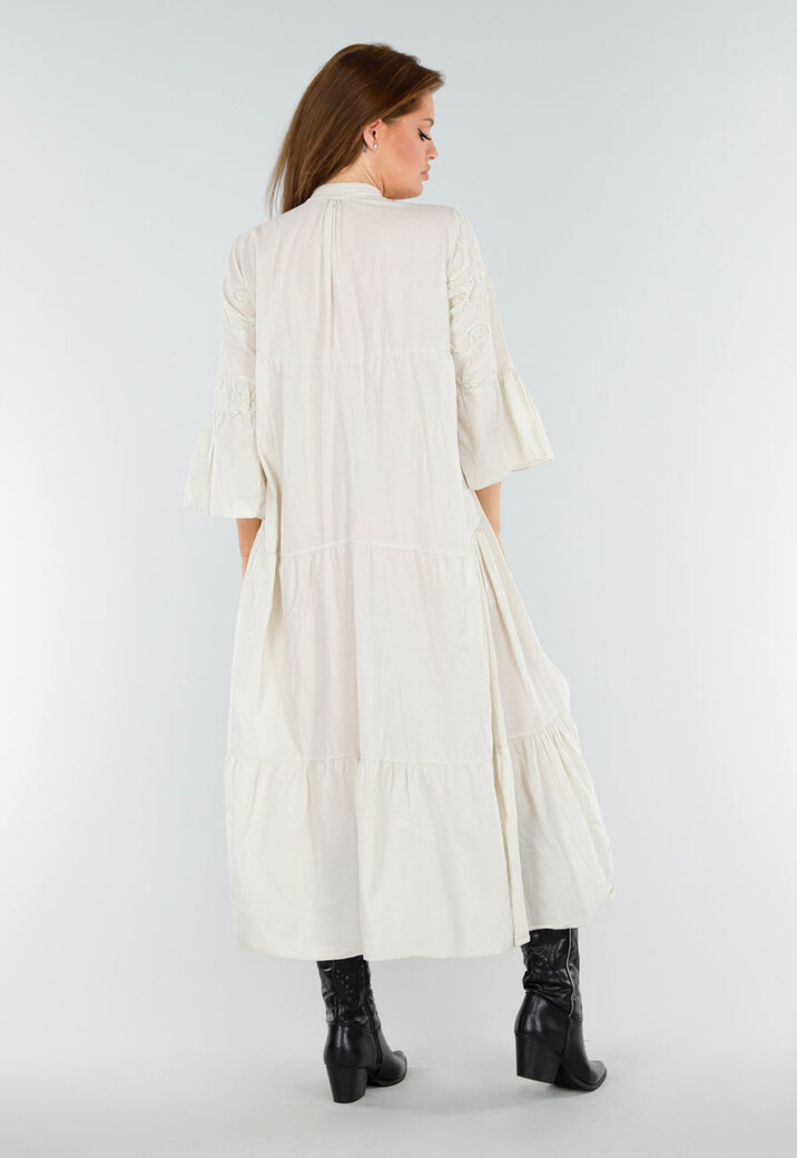 Beige Maxi-Jurk met Borduursels en Trompetmouwen in Linnenlook