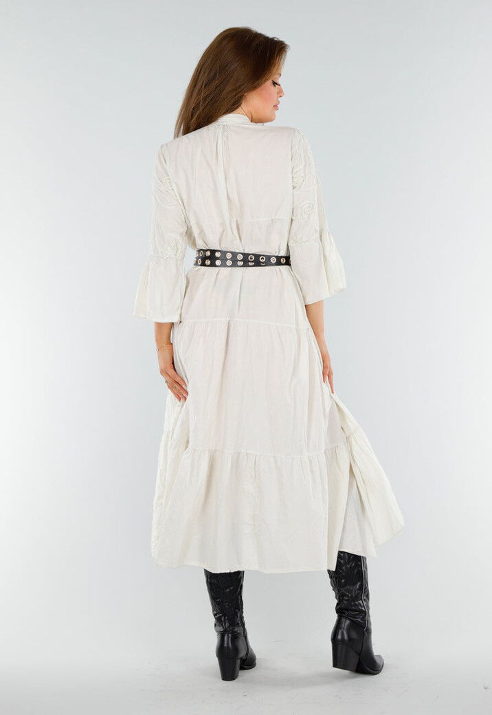 Beige Maxi-Jurk met Borduursels en Trompetmouwen in Linnenlook