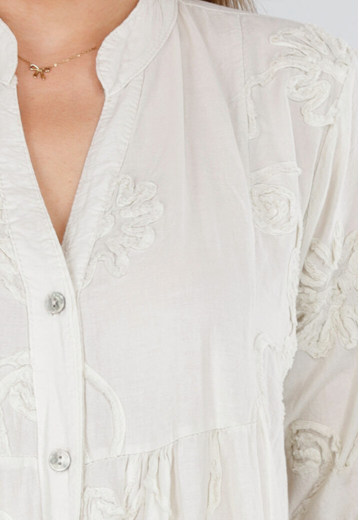 Beige Maxi-Jurk met Borduursels en Trompetmouwen in Linnenlook