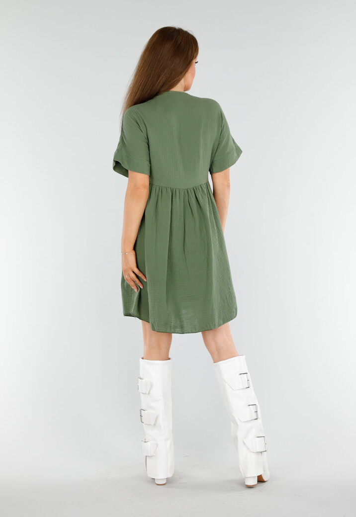 Khaki Jurk met Borduur V-Hals en Losvallende A-Lijn Pasvorm