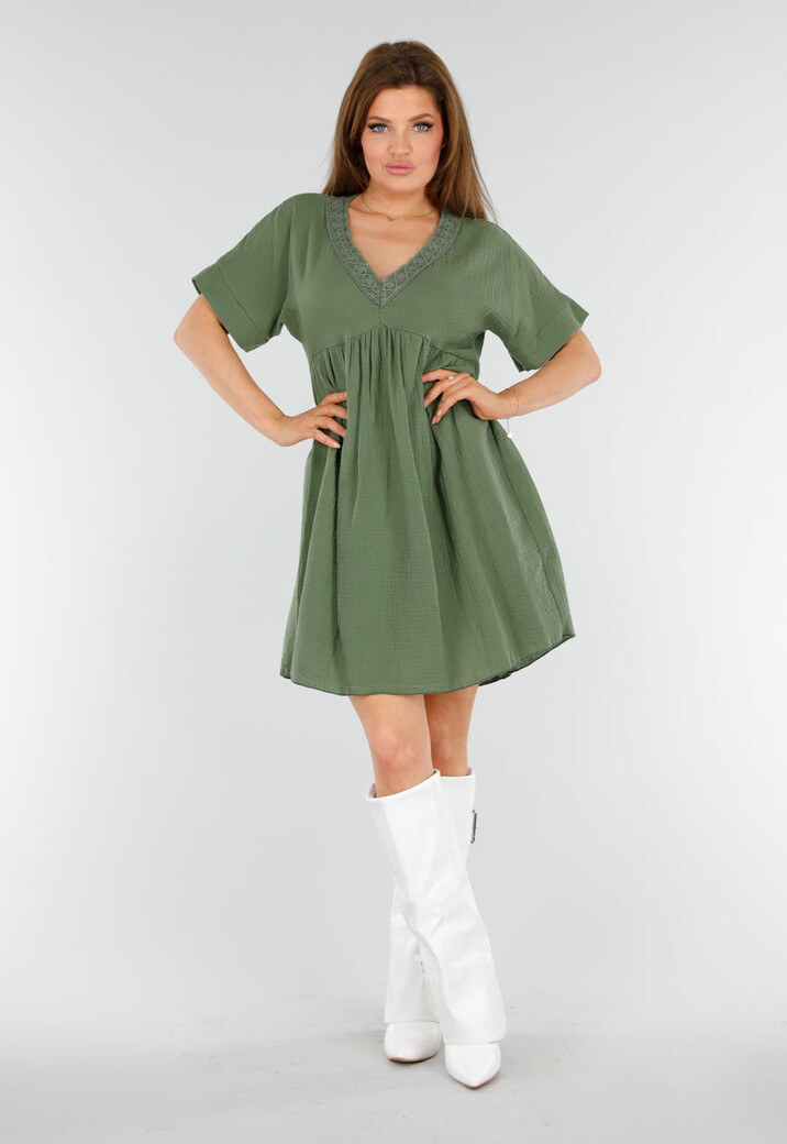 Khaki Jurk met Borduur V-Hals en Losvallende A-Lijn Pasvorm
