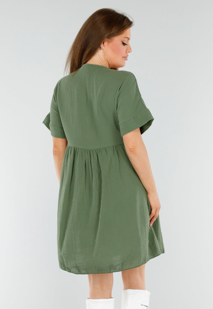 Khaki Jurk met Borduur V-Hals en Losvallende A-Lijn Pasvorm