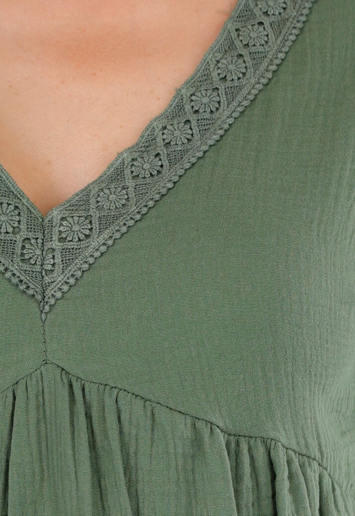 Khaki Jurk met Borduur V-Hals en Losvallende A-Lijn Pasvorm