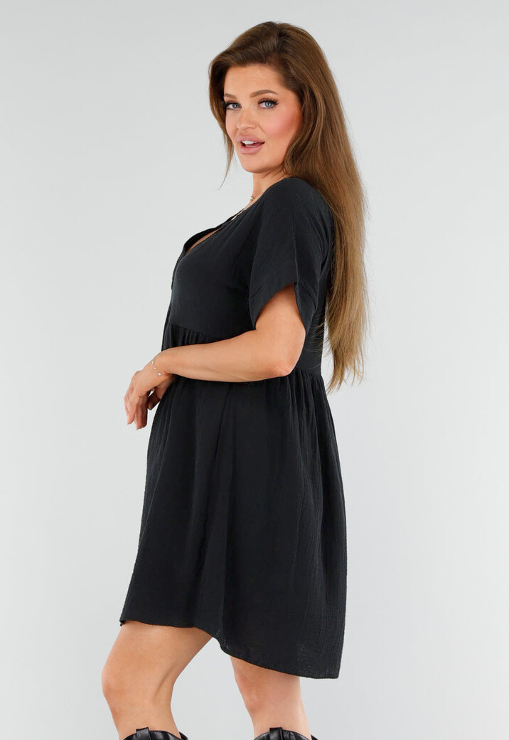 Zwarte Jurk met Borduur V-Hals en Losvallende A-Lijn Pasvorm